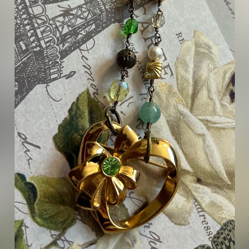 Vintage Heart Brooch Repurposed Necklace with Crystals and Pearls
